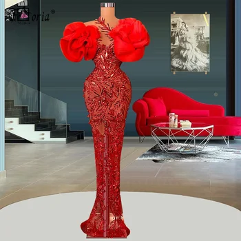Elegantná Červená Morská Víla Formálne Šaty 2022 Jemné Drahokamu Volánikmi Kvety Dlhé Večerné Šaty Aso Ebi Party Šaty