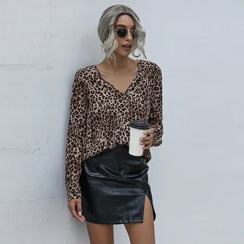 Nové Jarné Ženy Populárne tvaru Dlhý Rukáv Fashion Leopard Tlač Voľné Šifón Tričko Košele Pre Ženy