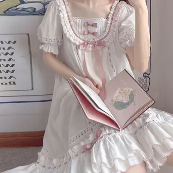 QWEEK Lolita Vintage Šaty Princezná Sleepwear Lete Žien Odev Luk Prehrabať Nighties Dievčatá Spánku Nightgown